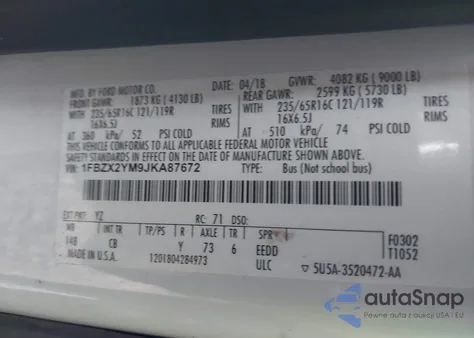 2018 Ford Transit-350 Xlt z USA, uszkodzony, nr VIN 1FBZX2YM9JKA87672